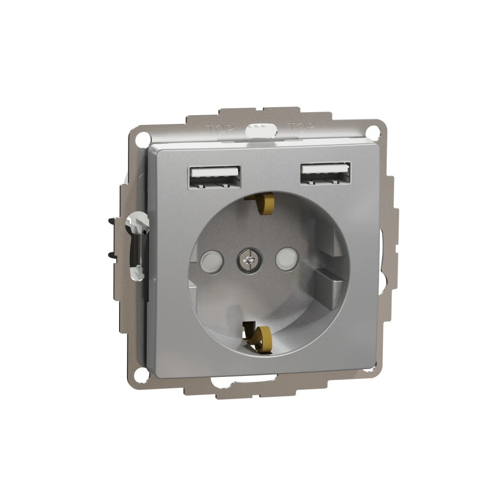 Розетка с заземлением и защитными шторками + 2хUSB Schneider Electric Sedna Design Алюминий SDD113052